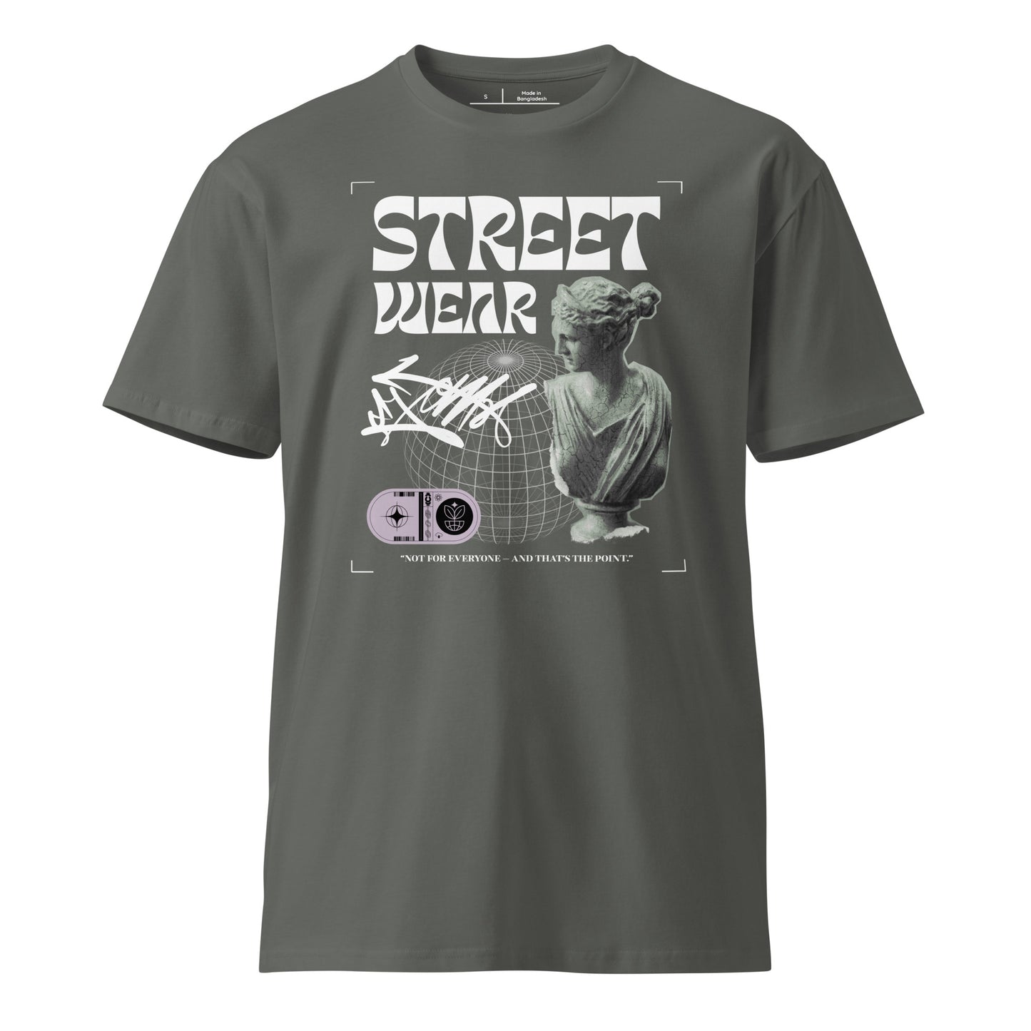 Gray t-shirt with graphic design and text on a white background