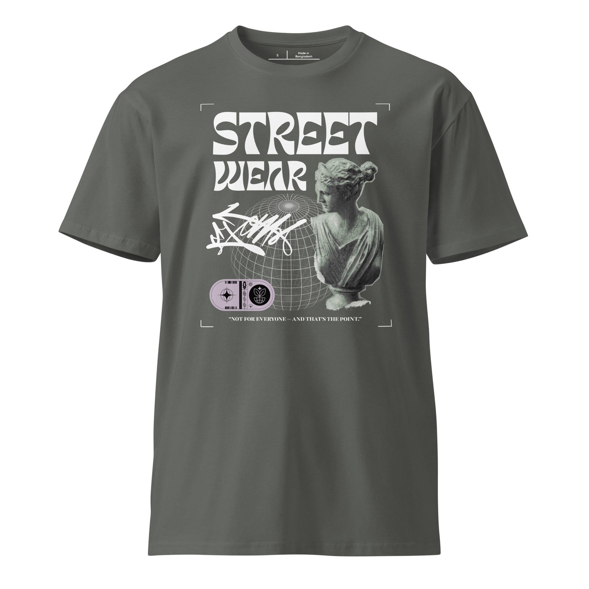 Gray t-shirt with graphic design and text on a white background