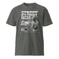 Gray t-shirt with graphic design and text on a white background