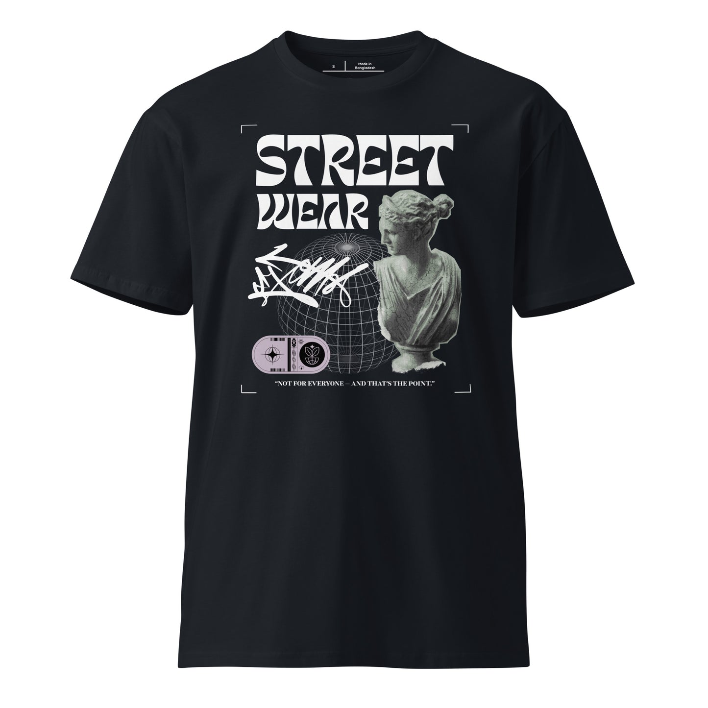 Black t-shirt with graphic design and text on a white background