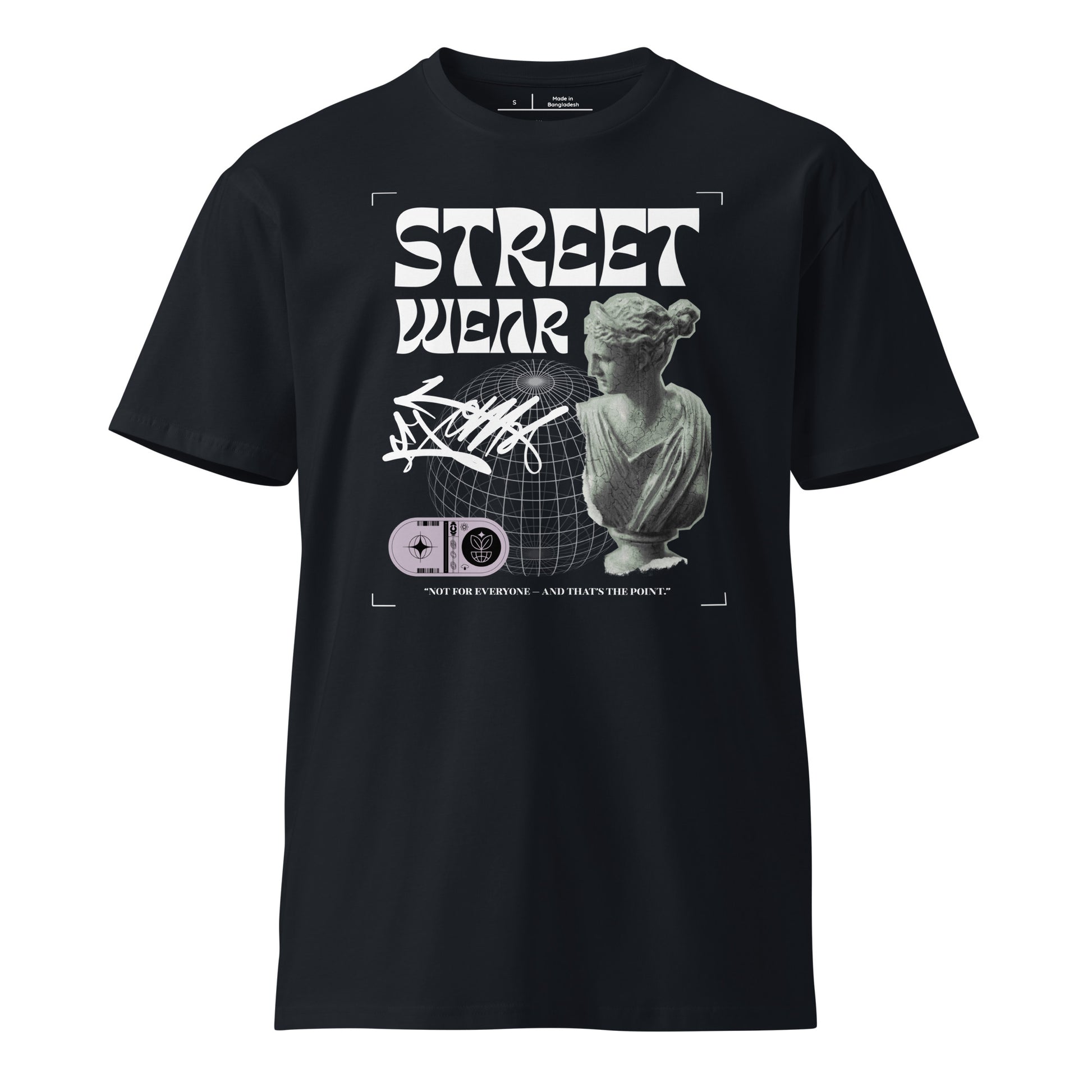 Black t-shirt with graphic design and text on a white background