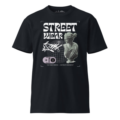 Black t-shirt with graphic design and text on a white background