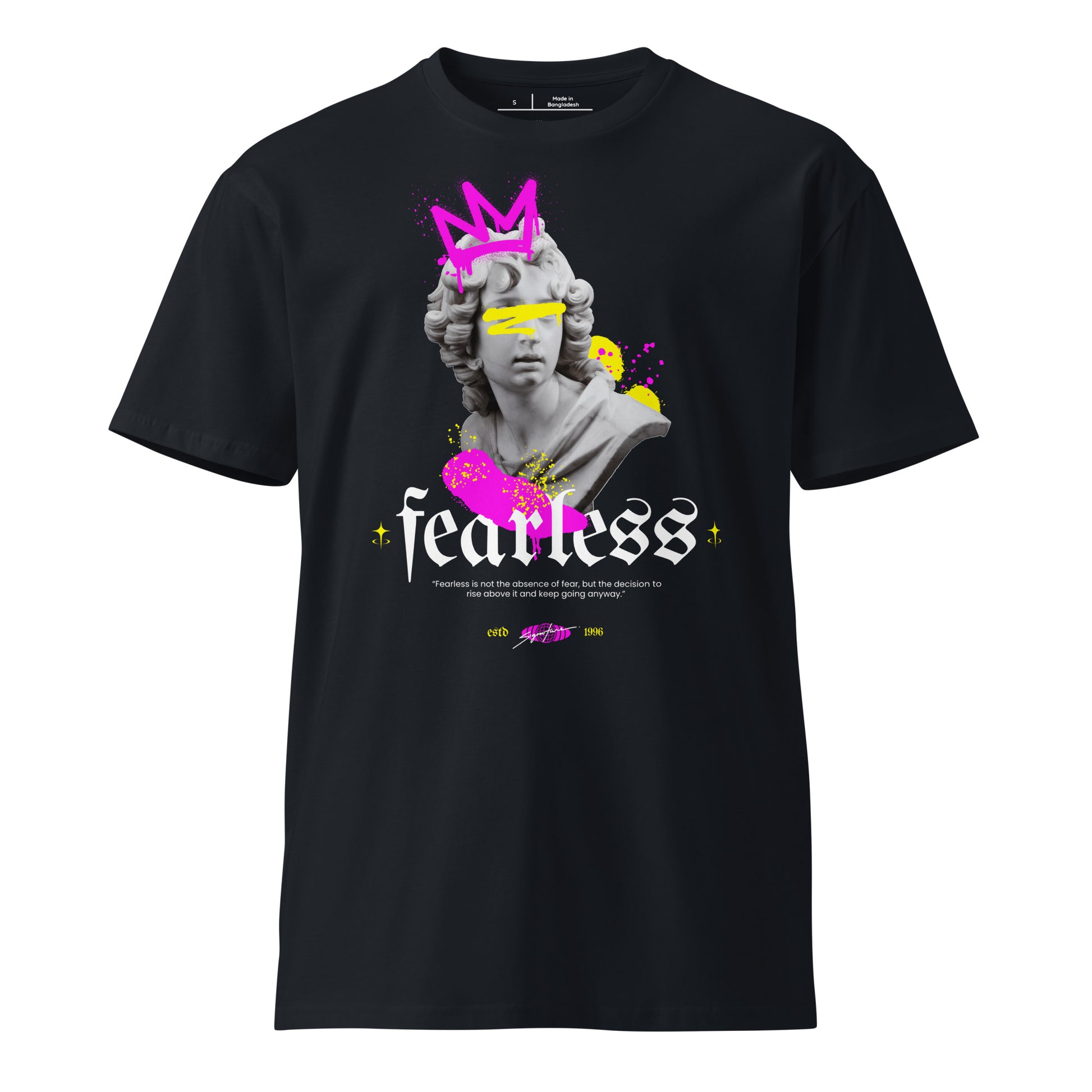 Black t-shirt with a graphic design featuring a statue and the word 'fearless' on a white background.