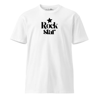 White t-shirt with black decorative text design on a white background