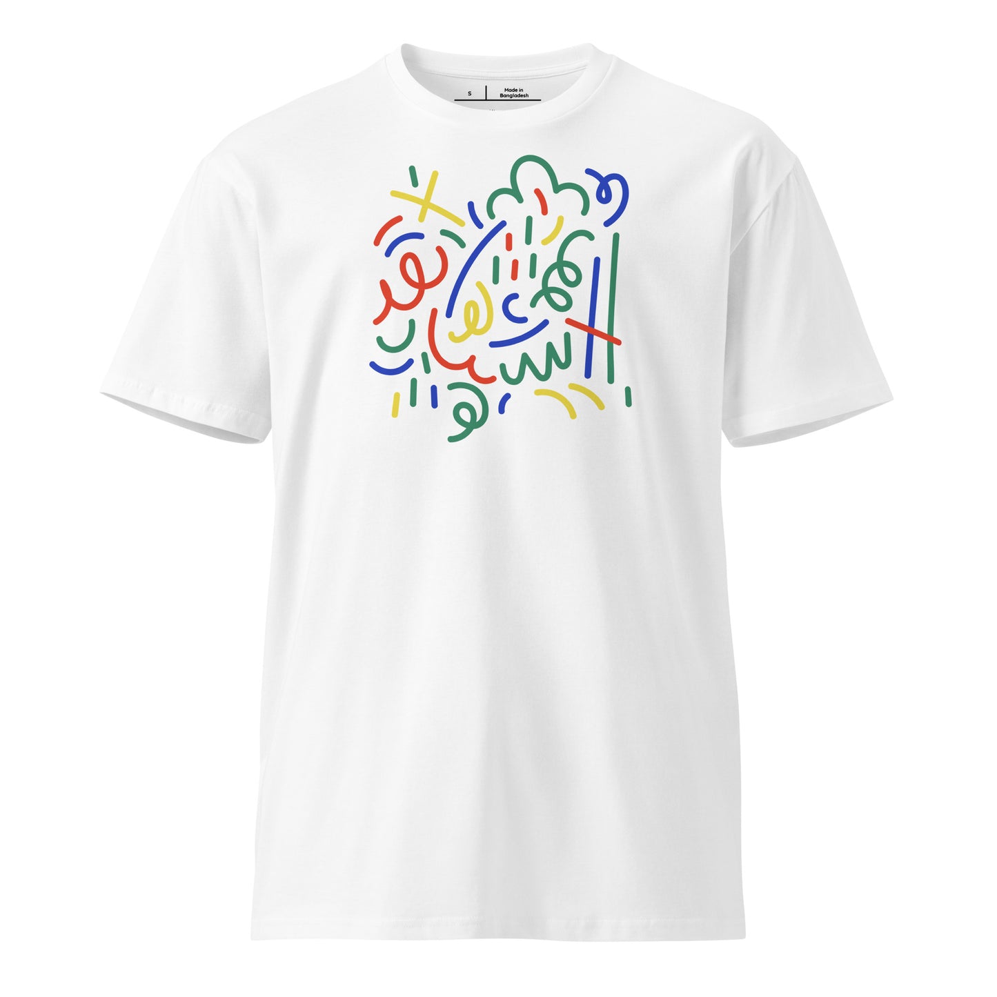 White t-shirt with colorful abstract design on a white background