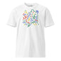 White t-shirt with colorful abstract design on a white background