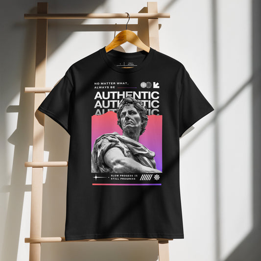 Black t-shirt with graphic design of a statue and text on a wooden rack.