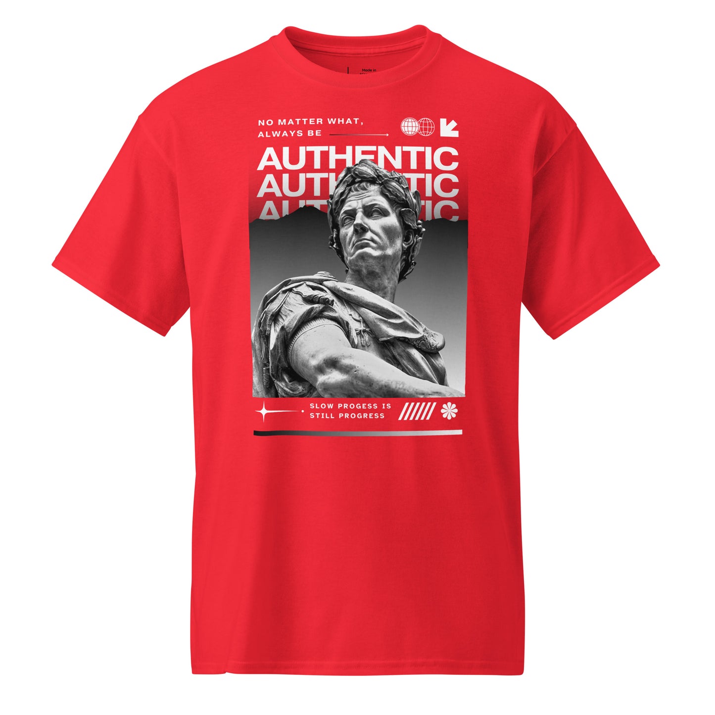 Red t-shirt with a graphic of a statue and text on a white background