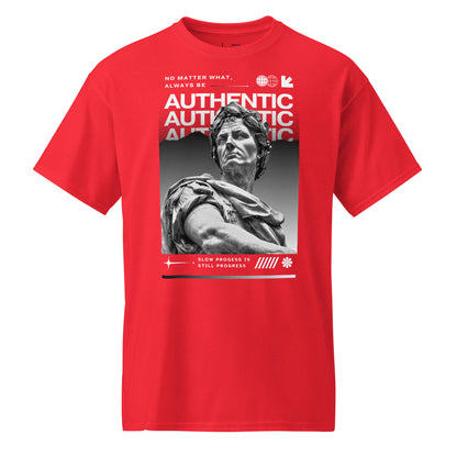 Red t-shirt with a graphic of a statue and text on a white background