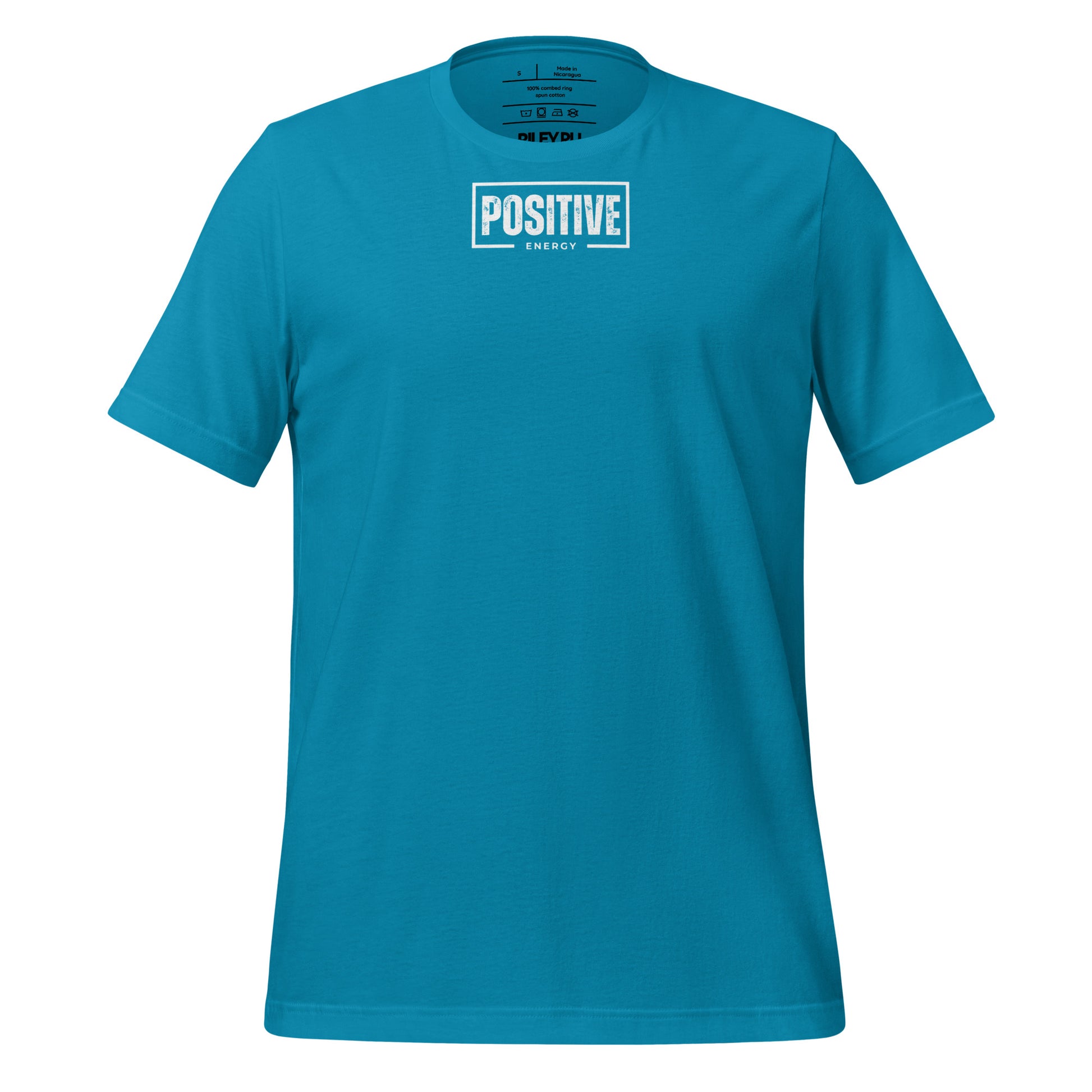 Blue t-shirt with text on a white background