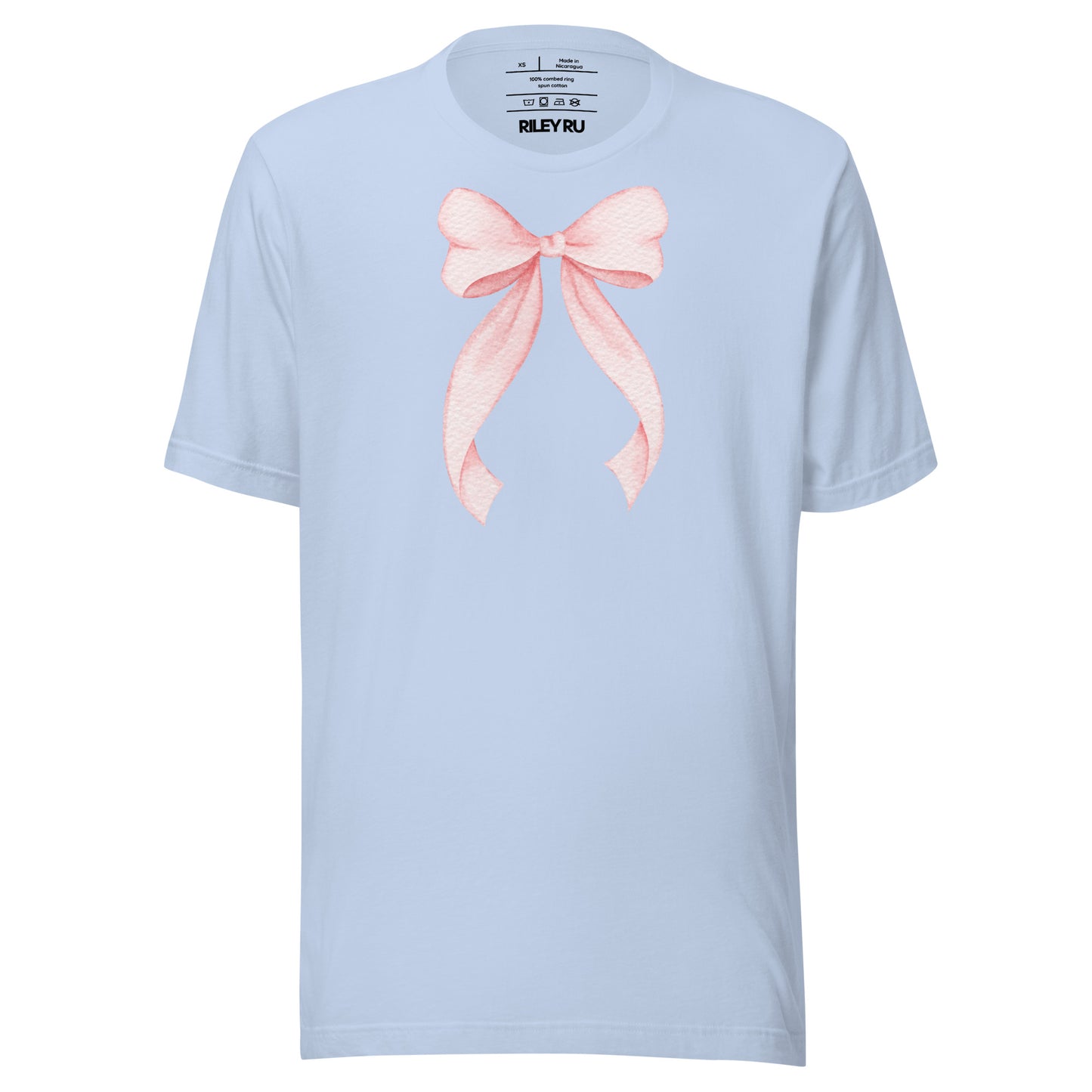 Light blue t-shirt with a pink bow design on a white background