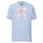 Light blue t-shirt with a pink bow design on a white background