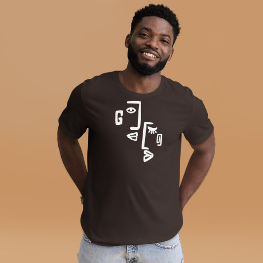 Man wearing a black t-shirt with white abstract design on a brown background
