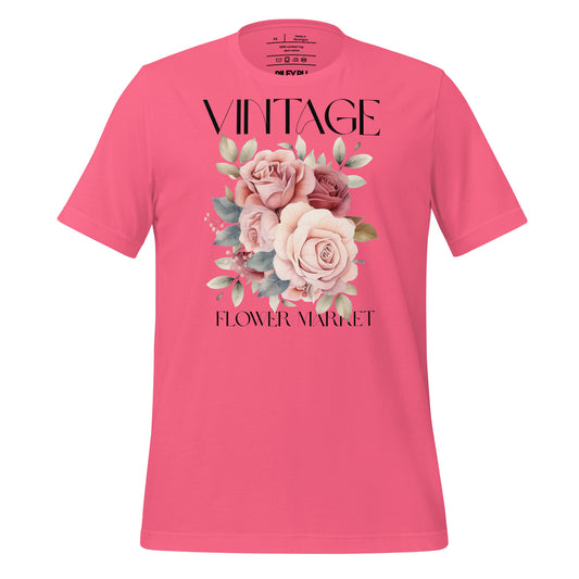 Pink t-shirt with floral design and 'Vintage Flower Market' text on a white background