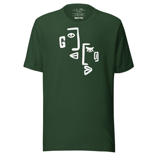 Green t-shirt with white abstract face design on a white background