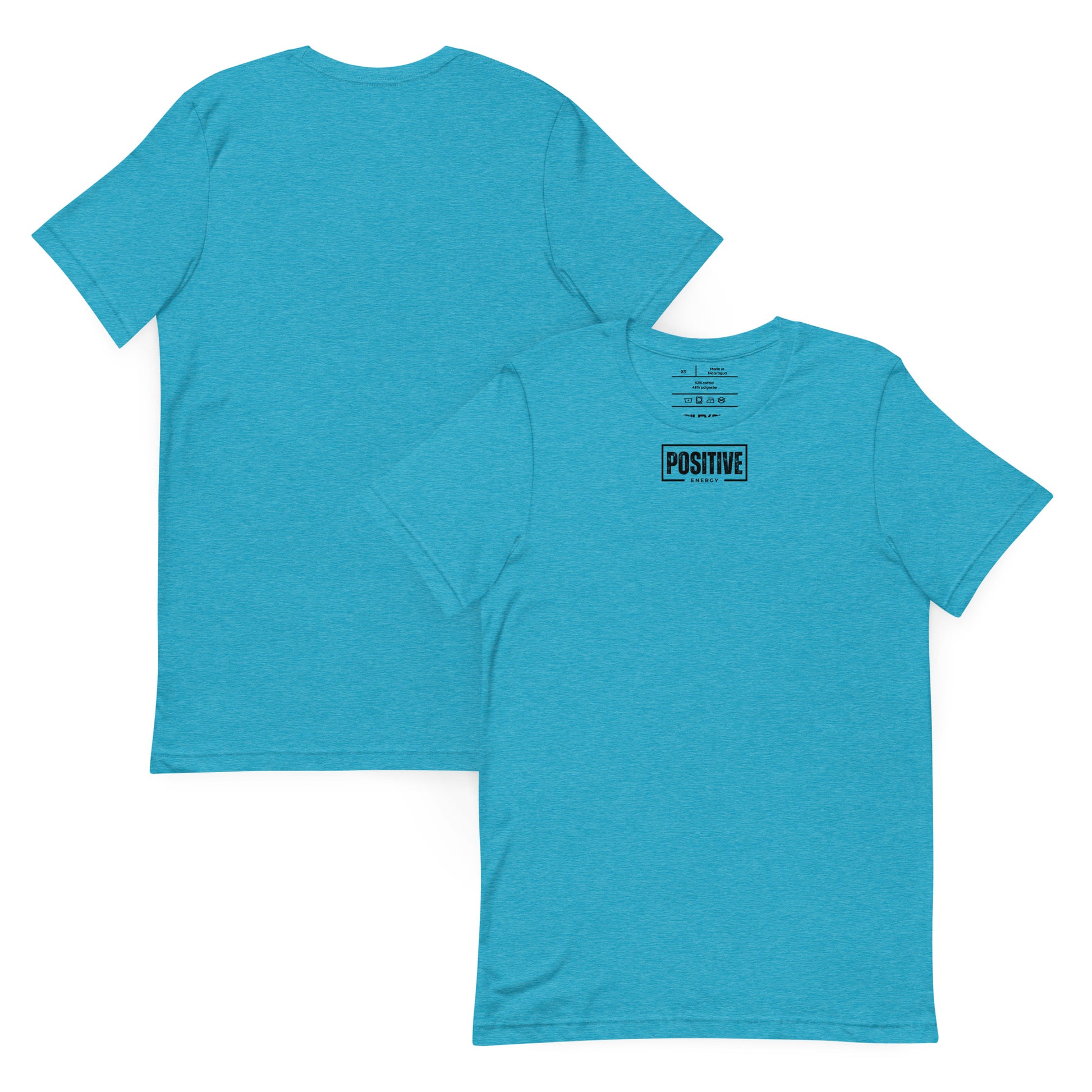 Blue t-shirt with 'POSITIVE' text on a white background
