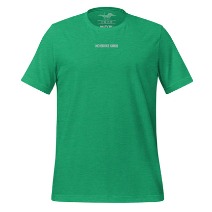 Green t-shirt with white text on a white background