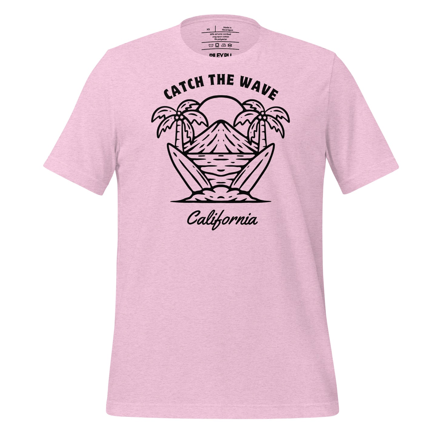 Pink t-shirt with a beach graphic and 'Catch the Wave California' text on a white background