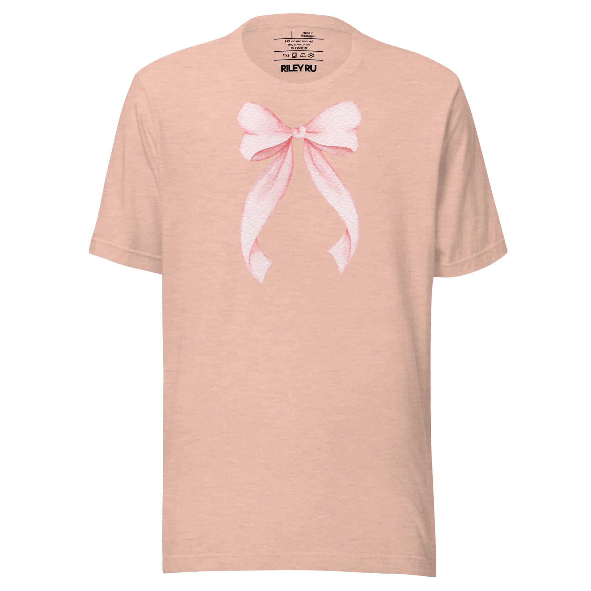 Pink t-shirt with a white bow design on a white background