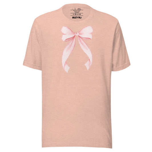 Pink t-shirt with a white bow design on a white background