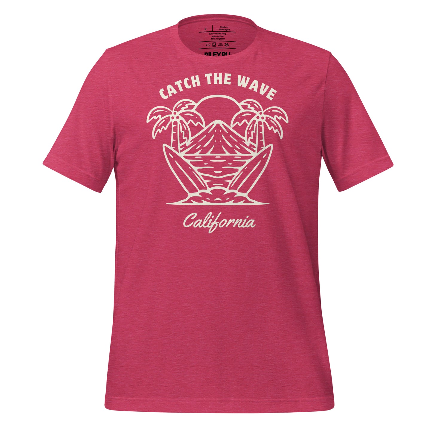 Red t-shirt with white text on a white background