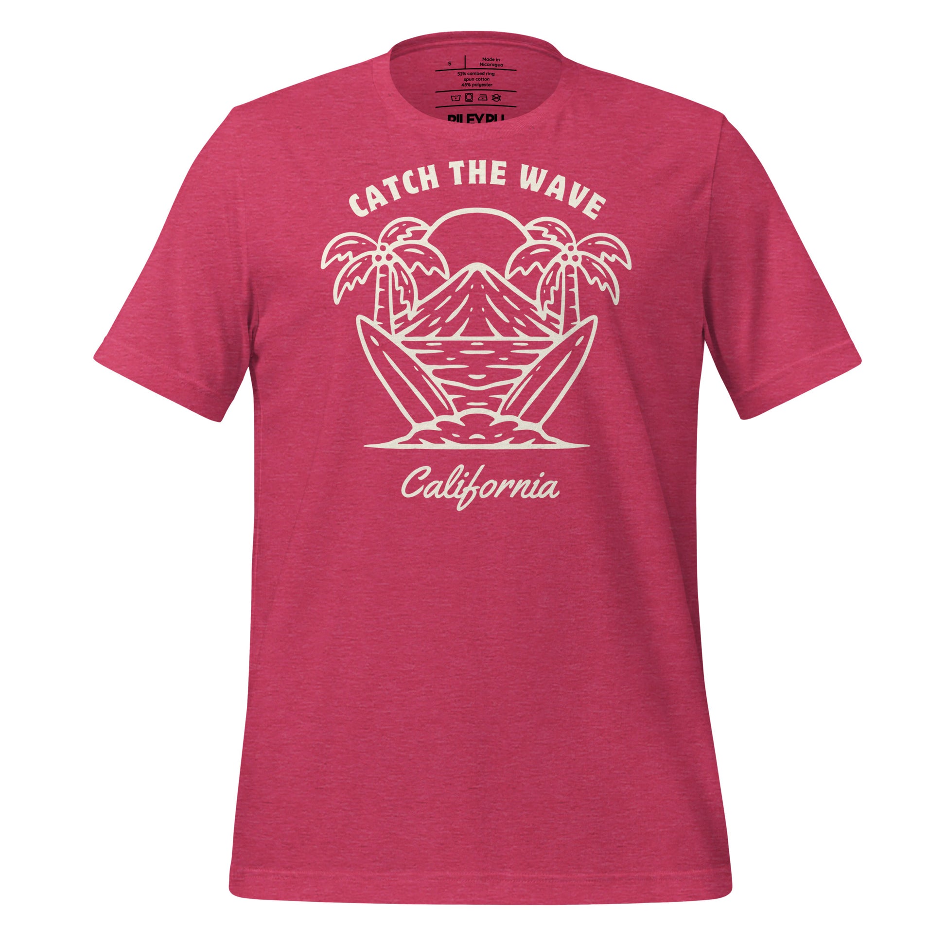 Red t-shirt with white text on a white background