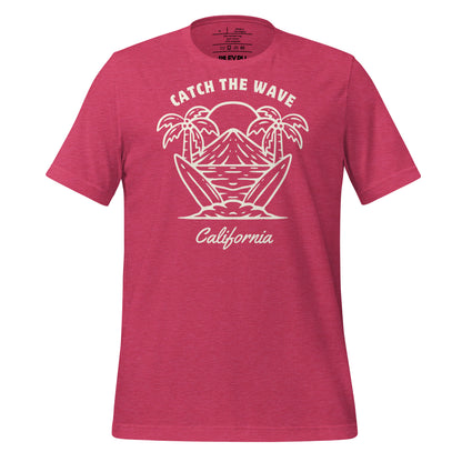 Red t-shirt with white text on a white background