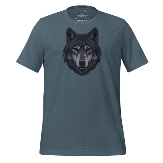 Blue t-shirt with a wolf graphic on a white background
