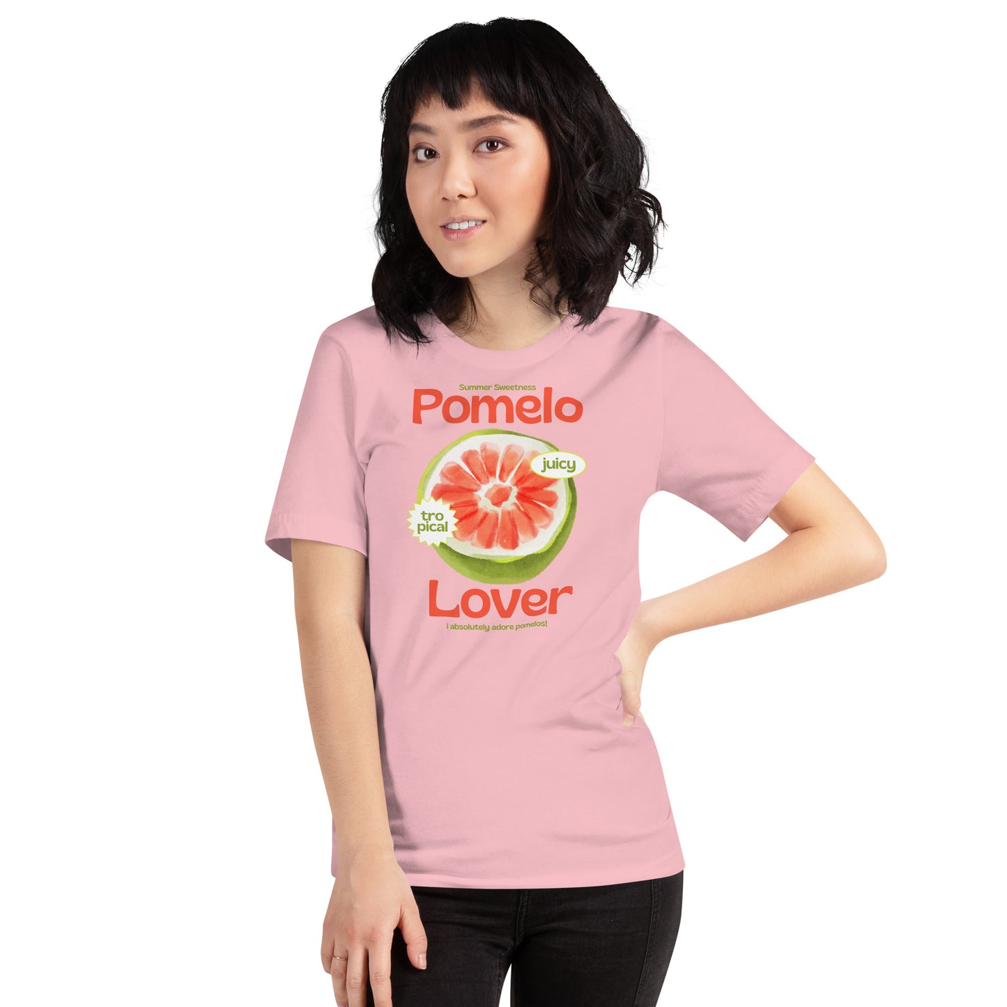 Person wearing a pink t-shirt with a fruit graphic and text on a white background