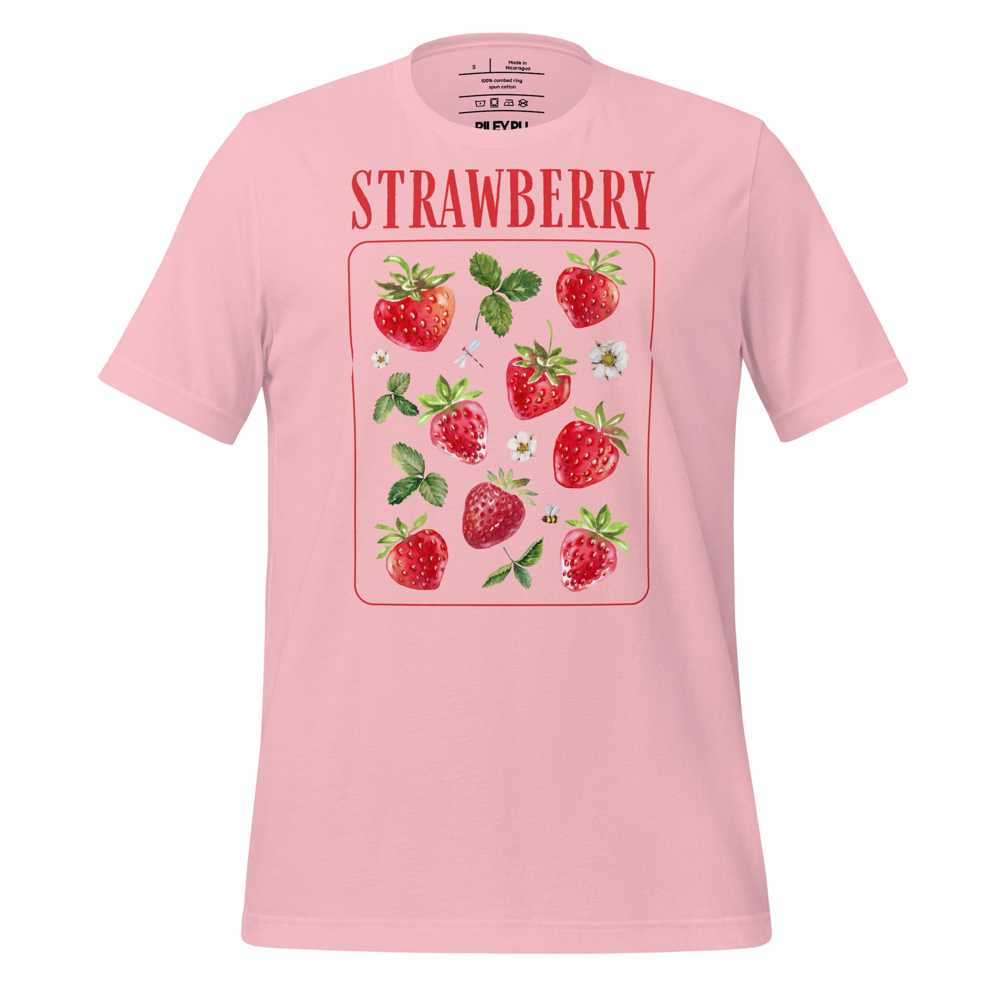 Pink t-shirt with strawberry design and text on a white background