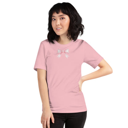 Person wearing a pink t-shirt on a white background