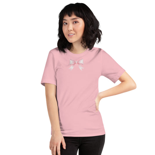 Person wearing a pink t-shirt on a white background