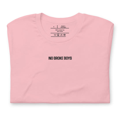 Pink t-shirt with 'NO BROKE BOYS' text on a white background