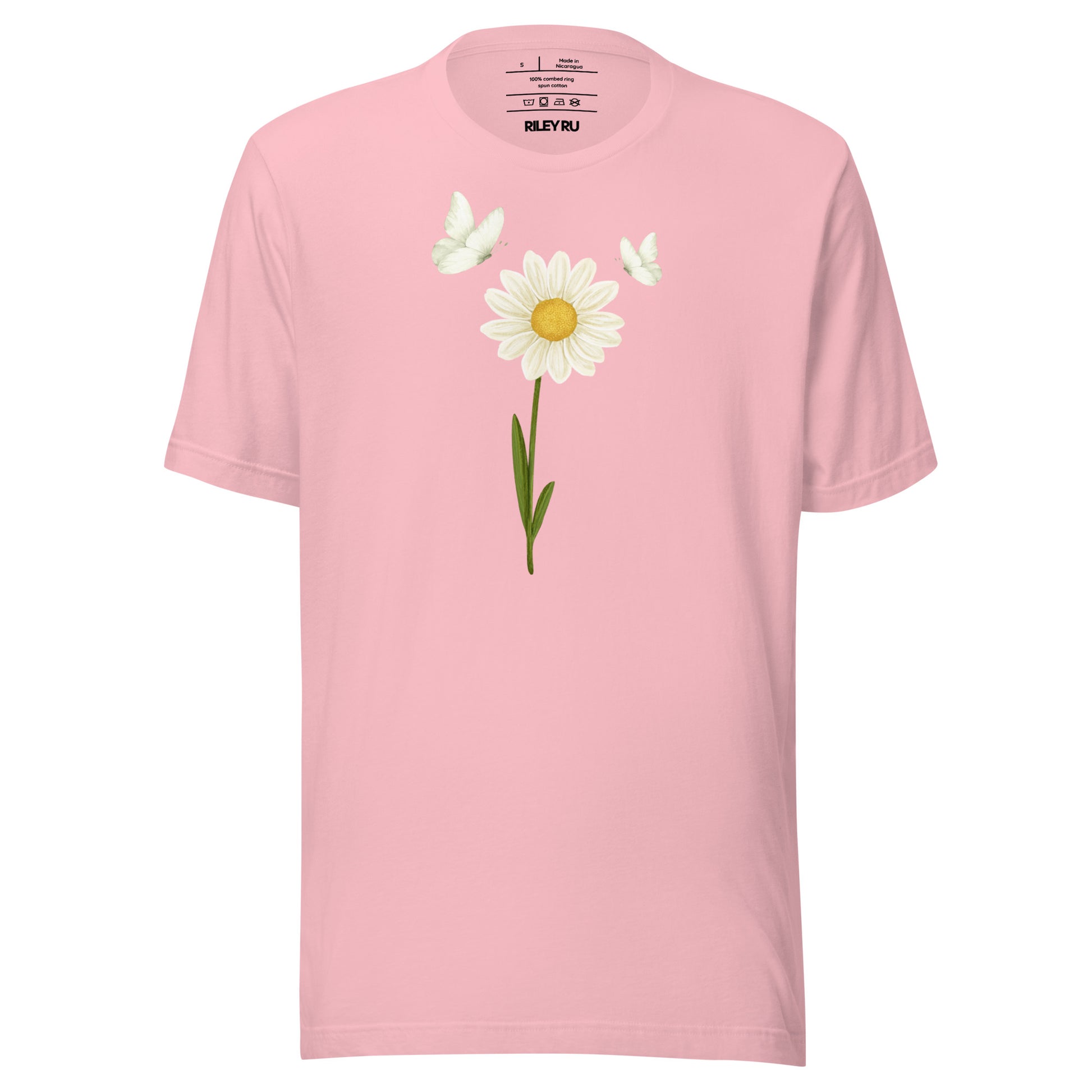 Pink t-shirt with a daisy graphic on a white background