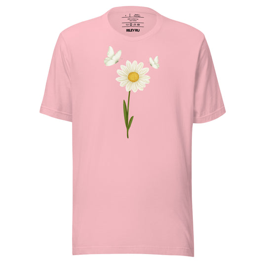 Pink t-shirt with a daisy graphic on a white background