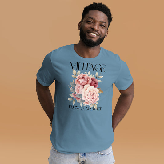 Man wearing a blue t-shirt with floral design and text on a brown background