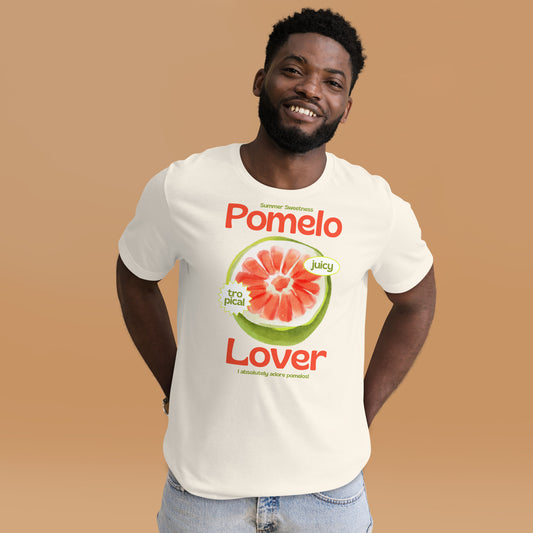 Man wearing a white t-shirt with a pomelo graphic and text on a brown background