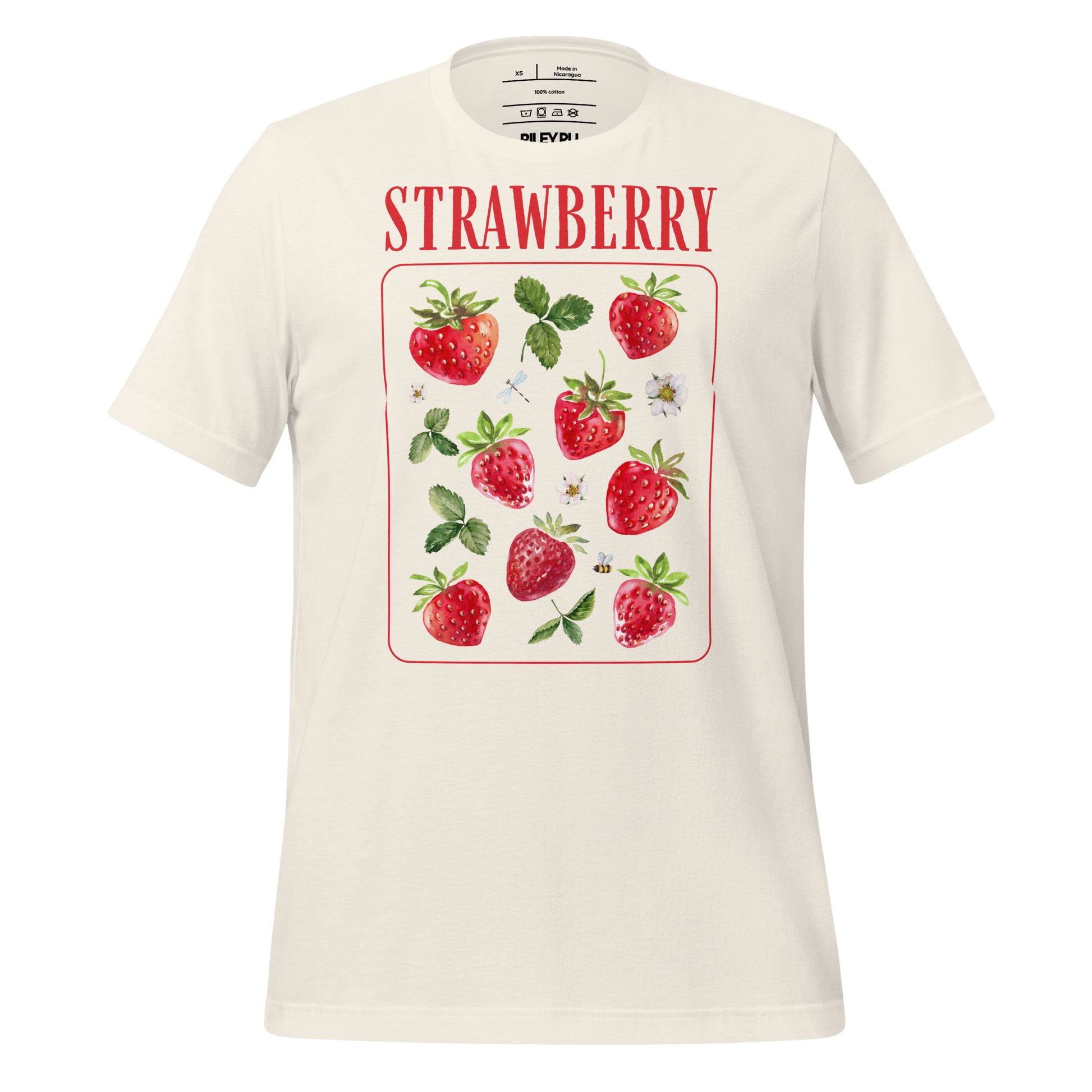 White t-shirt with strawberry design and text on a white background