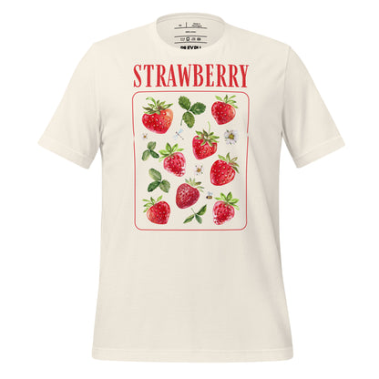 White t-shirt with strawberry design and text on a white background