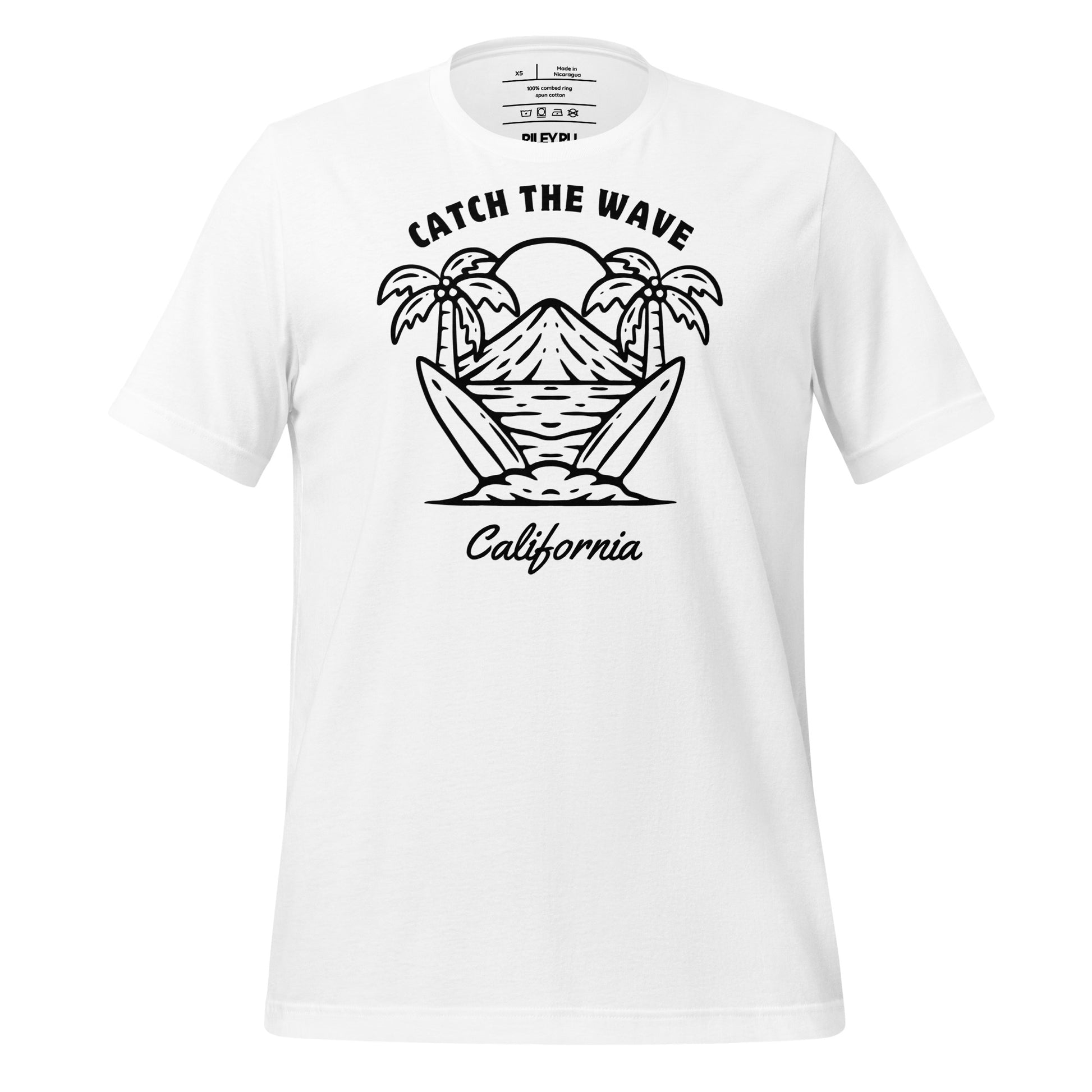 White t-shirt with black graphic design featuring palm trees, mountains, and surfboards on a white background.
