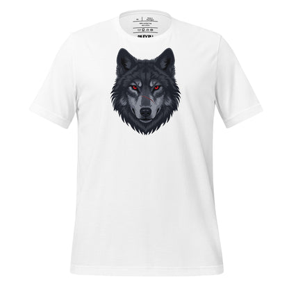 White t-shirt with a wolf graphic on a white background