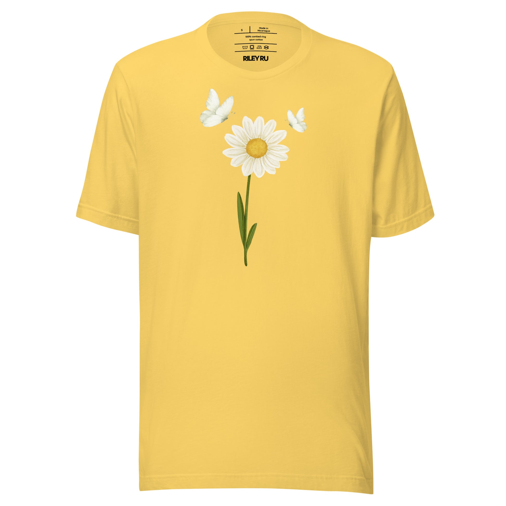 Yellow t-shirt with a white daisy graphic on a white background