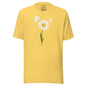 Yellow t-shirt with a white daisy graphic on a white background