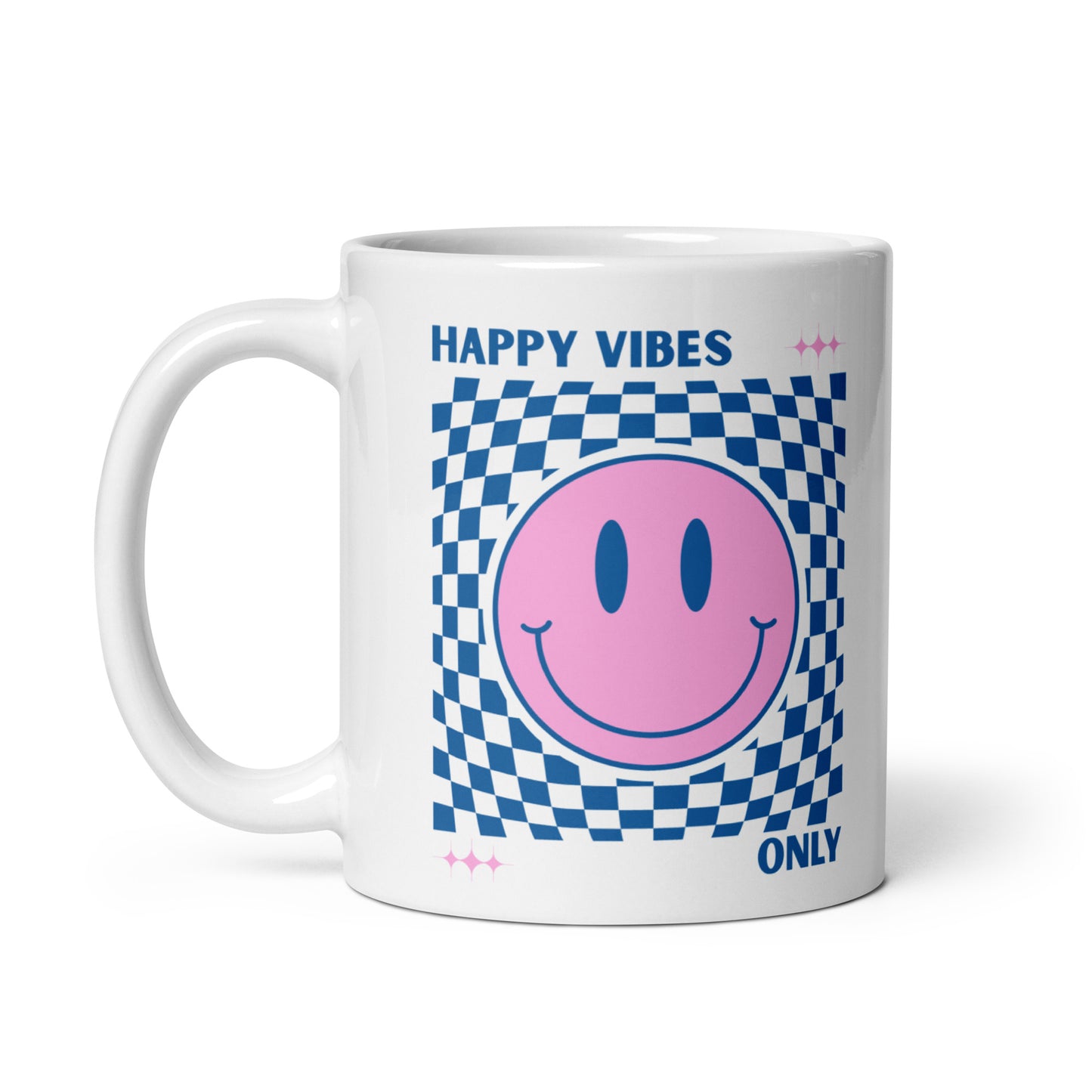 Mug with pink smiley face and 'Happy Vibes Only' text on a white background