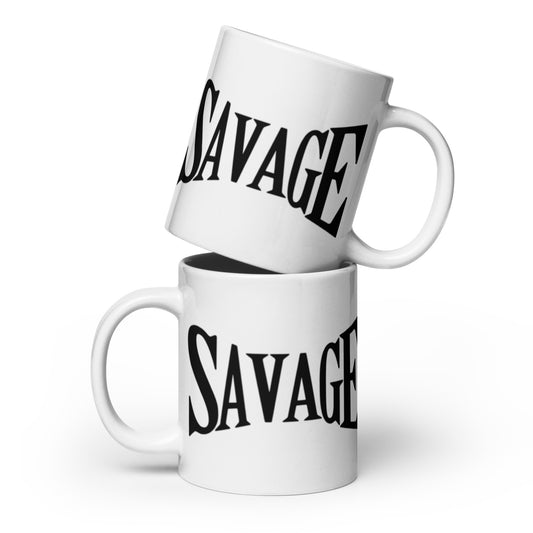 Two white mugs with 'SAVAGE' printed on them stacked on a white background