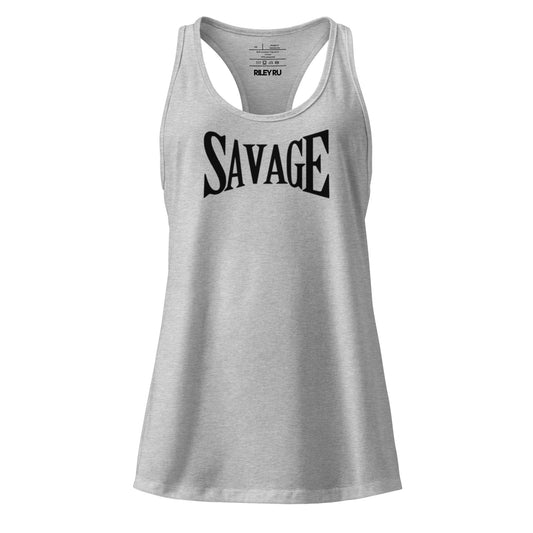 Gray tank top with 'SAVAGE' printed on it against a white background