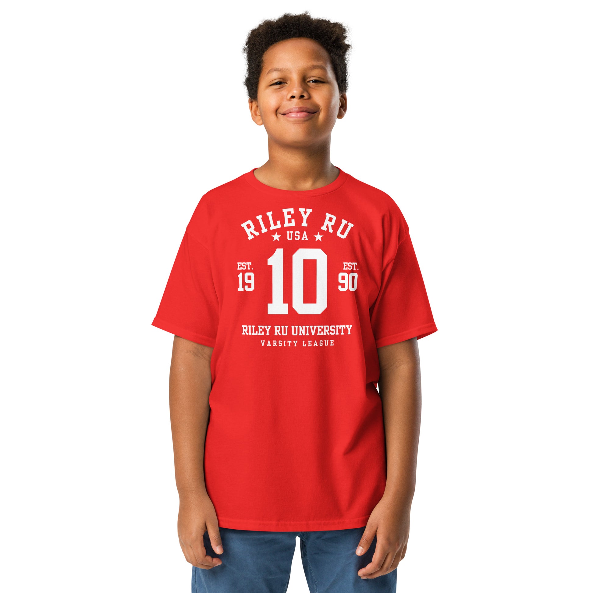 Child wearing a red t-shirt with 'Riley Ru' text on a white background